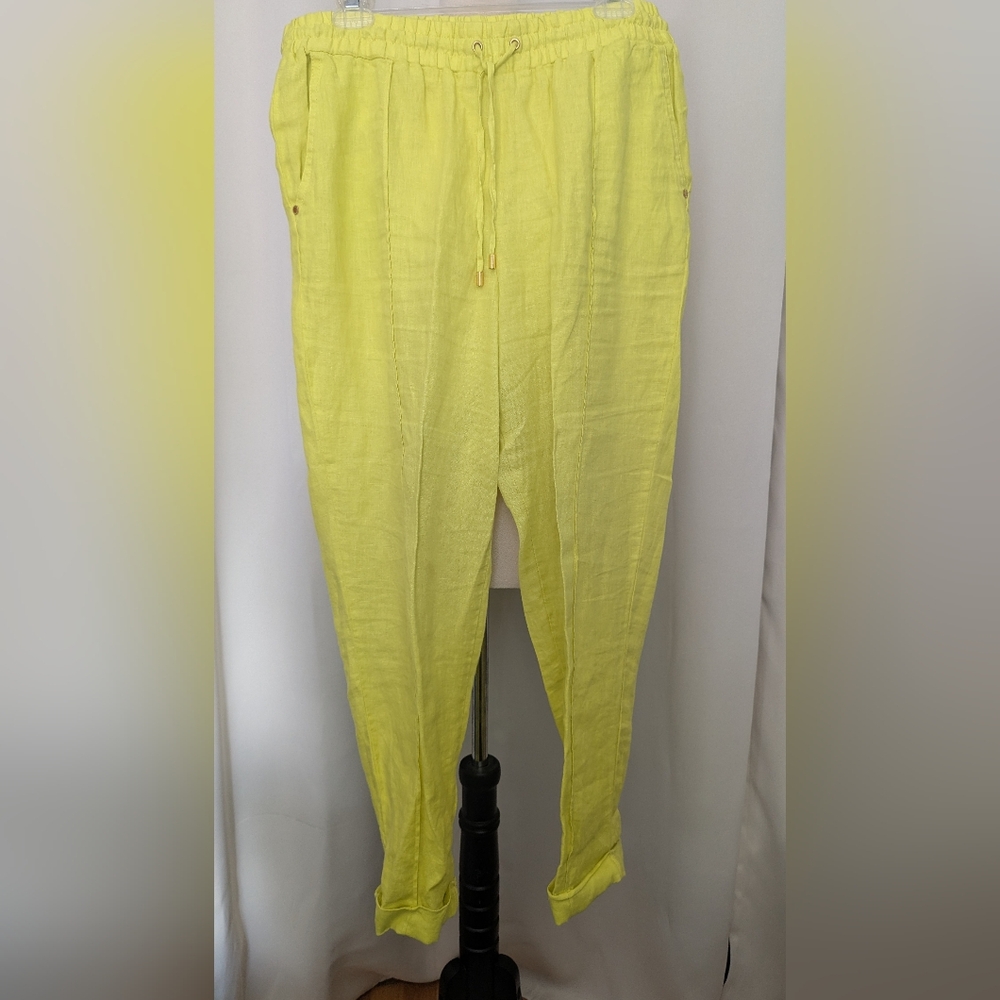 Ellen Tracy Tapered Leg Chartreuse Linen Pants, Size M